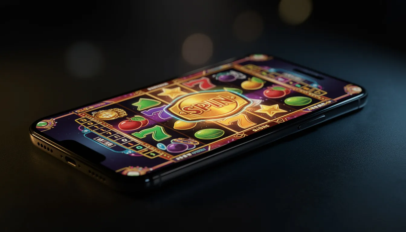 En smartphone visar ett färgglatt online casino-gränssnitt med olika spelautomater, inklusive slots och bordsspel som blackjack och roulette. Gränssnittet är utformat för att ge spelare en spännande upplevelse med möjligheter att vinna riktiga pengar och ta del av bonusar och free spins hos kasinot.