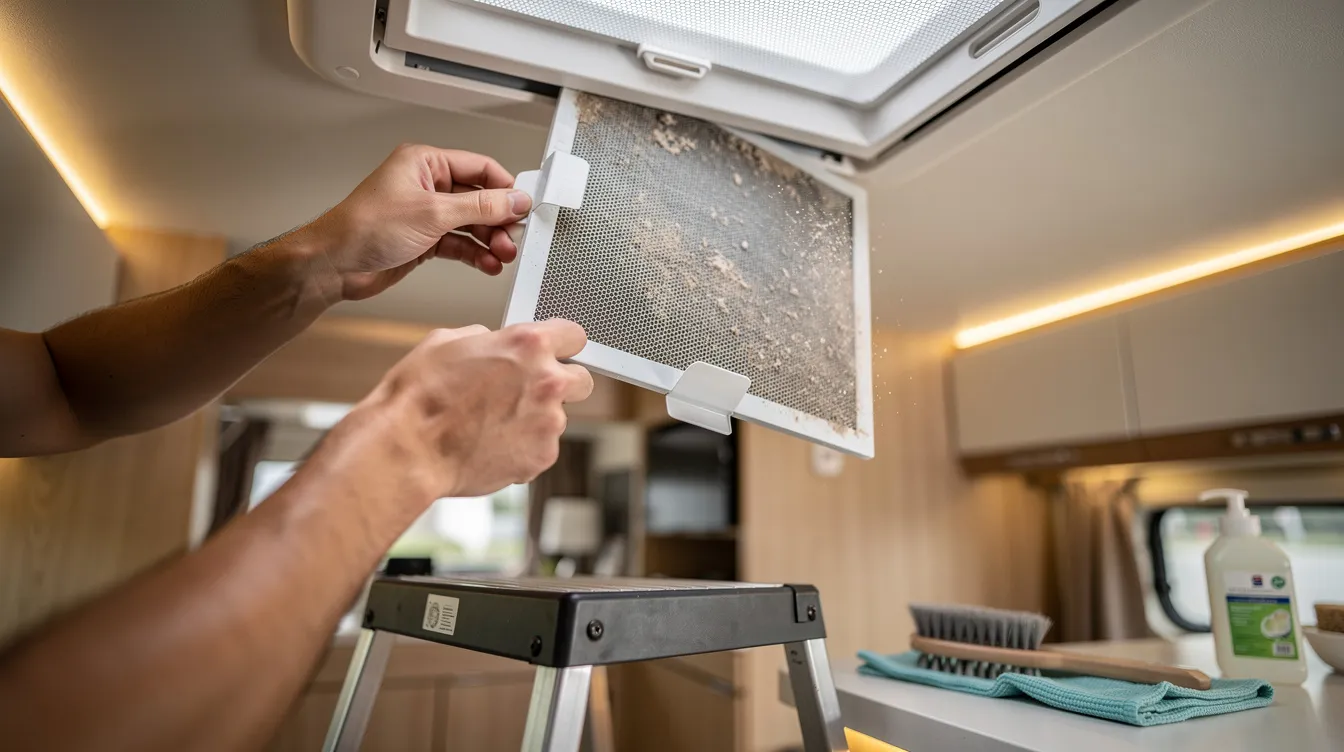 A person is seen removing and cleaning an RV air filter from a ceiling vent, ensuring proper maintenance of the RV's air conditioning system to prevent it from blowing warm air. This routine task is essential for maintaining the performance of RV AC units and avoiding costly repairs.