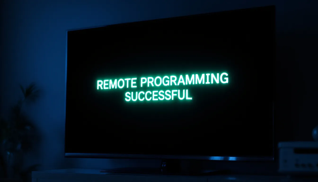 The image shows a television screen displaying a confirmation message indicating successful programming of the Verizon remote, with a blue light that has stopped flashing, signaling that the automatic setup process is complete. This screen is likely part of the Fios TV setup, indicating that the remote is now ready for voice control and navigation.
