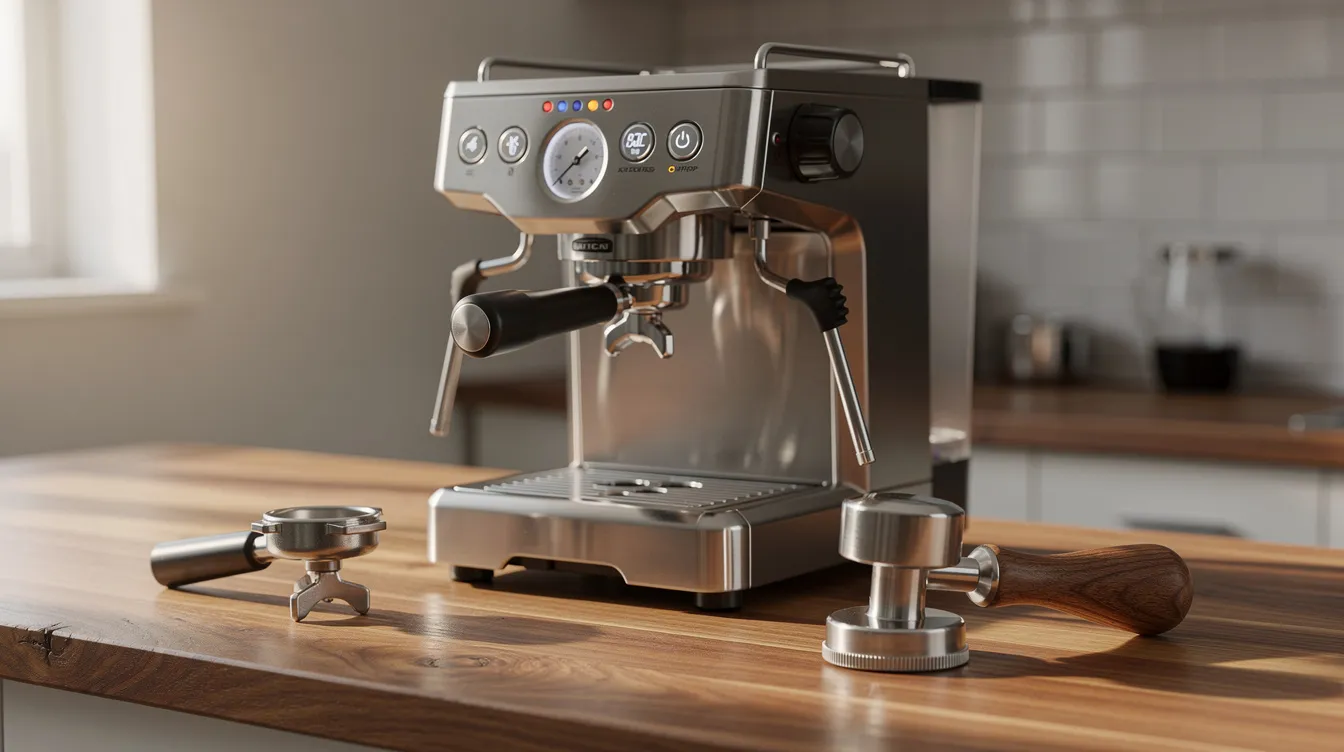 Billedet viser en espressomaskine placeret på en træbordplade, med en portafilter og en tamper ved siden af. Maskinen er klar til at brygge en fyldig espresso, der lover en god kaffeoplevelse med balanceret smag.