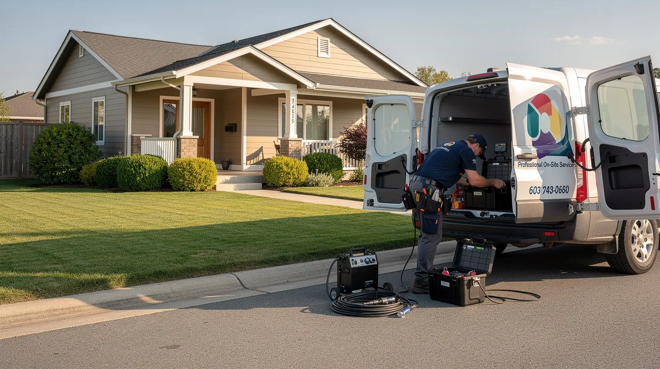 A branded service van is parked in front of a residential home, where a technician is preparing equipment for an on-site job, showcasing the convenience of mobile franchises in service-based businesses. This image highlights the growing demand for home-based services and the attractive option of franchise ownership in a market with lower initial investment.