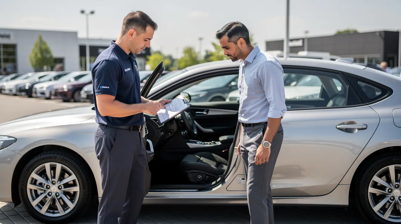 A driver and a customer are closely inspecting a sedan during a vehicle delivery inspection, ensuring it meets the standards of the auto transport service. This process is essential for confirming the vehicle's condition before finalizing the car shipping transaction.