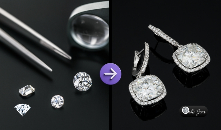 Loose moissanite stones beside tweezers and a magnifying glass transitioning to finished heart-shaped drop earrings on a black background, logo of Orbis Gems in a post about rise of moissanite stud earrings