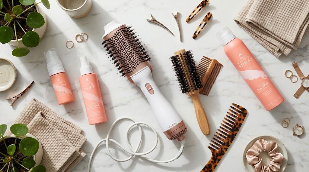 A flat lay arrangement on a marble bathroom counter features lightweight styling products, including a hair dryer brush and a round brush. The scene showcases the tools designed for achieving sleek finishes and loose curls, highlighting their professional quality and styling flexibility.