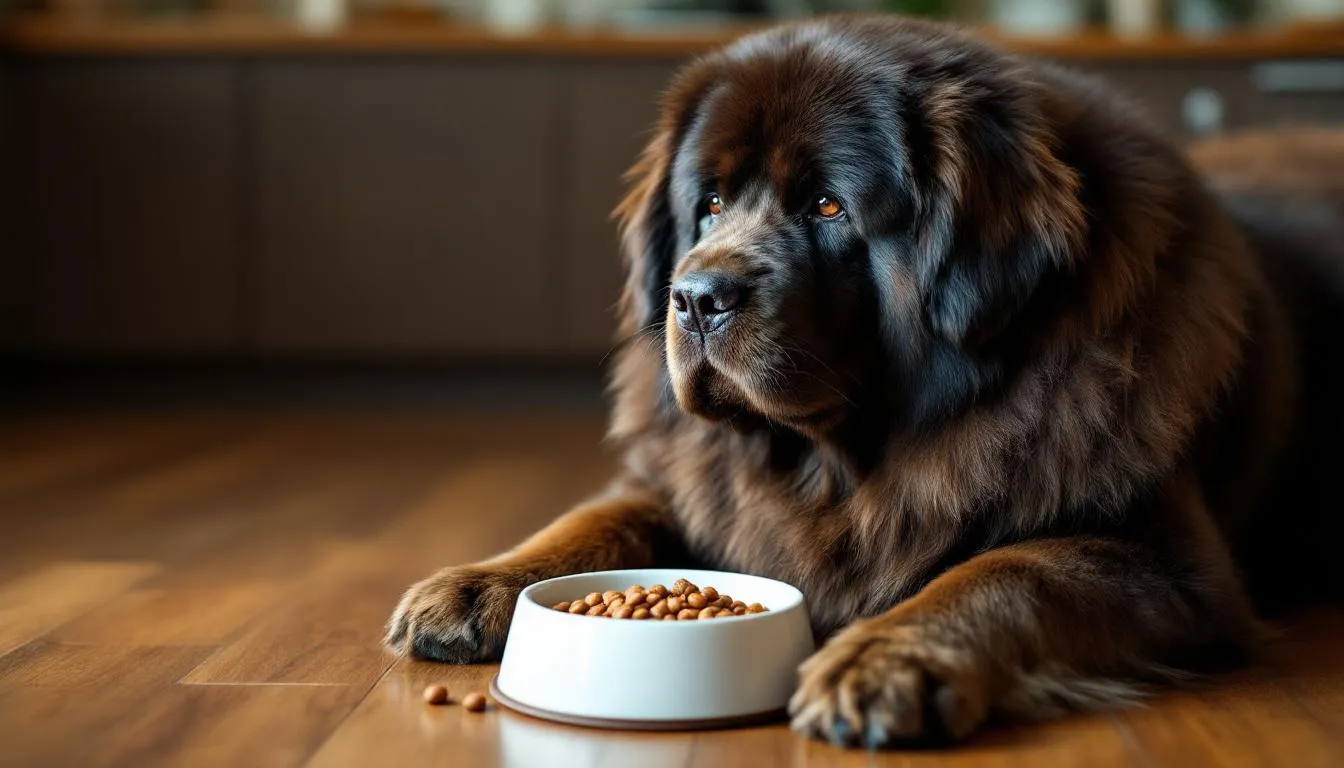 A large Newfoundland dog is happily eating high-quality dog food from a sturdy bowl, showcasing its thick, water-resistant double coat and gentle nature. This gentle giant, known for its loyal companionship, is enjoying a nutritious meal that supports its health and well-being.