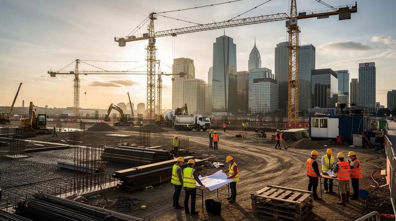 1e59fe8e 4da3 4216 a6de 6e0ef6abc36e A panoramic view of a bustling construction site showcases cranes and workers in hard hats, with a city skyline in the background. This scene highlights various aspects of the construction industry, emphasizing the collaborative efforts of civil engineers and workers on significant construction projects.