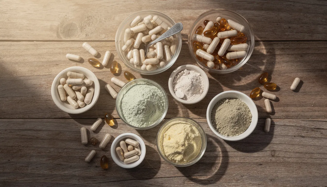 The image features an array of colorful supplement capsules and powder neatly arranged in small containers on a rustic wooden surface, representing various nmn supplements that may offer health benefits such as improved energy production and cognitive health for healthy middle-aged adults. This visual highlights the growing interest in anti-aging products and the potential advantages of nmn supplementation.