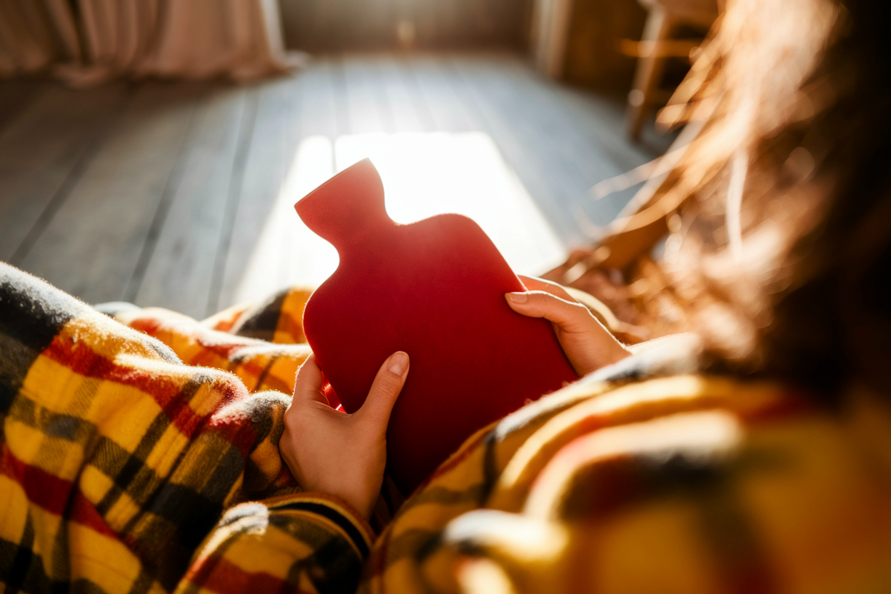 A person using a hot water bottle for muscle aches, demonstrating its effectiveness.
