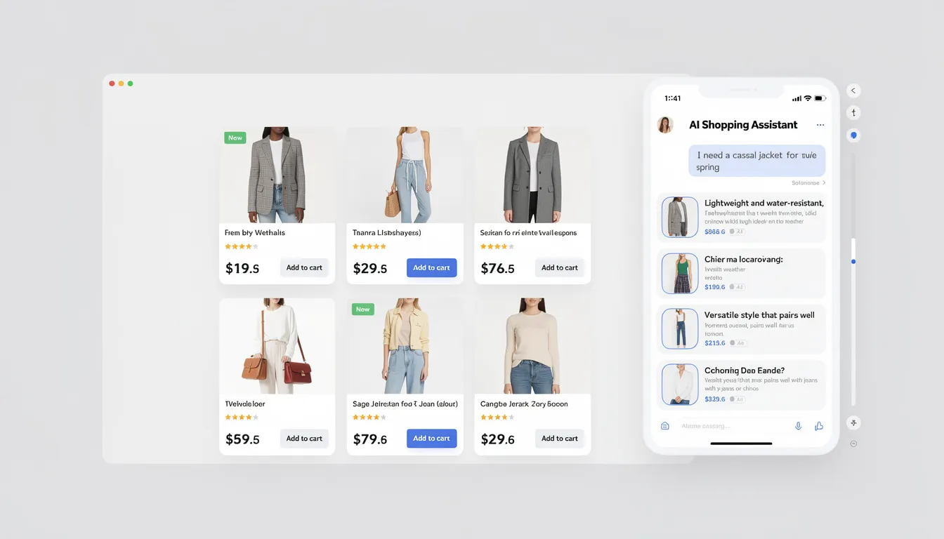 The image depicts an AI shopping assistant integrated into a product listing page, showcasing personalized product suggestions along with detailed explanations. This virtual shopping assistant enhances the online shopping experience by utilizing machine learning and customer data to provide tailored recommendations, ultimately improving customer engagement and satisfaction.