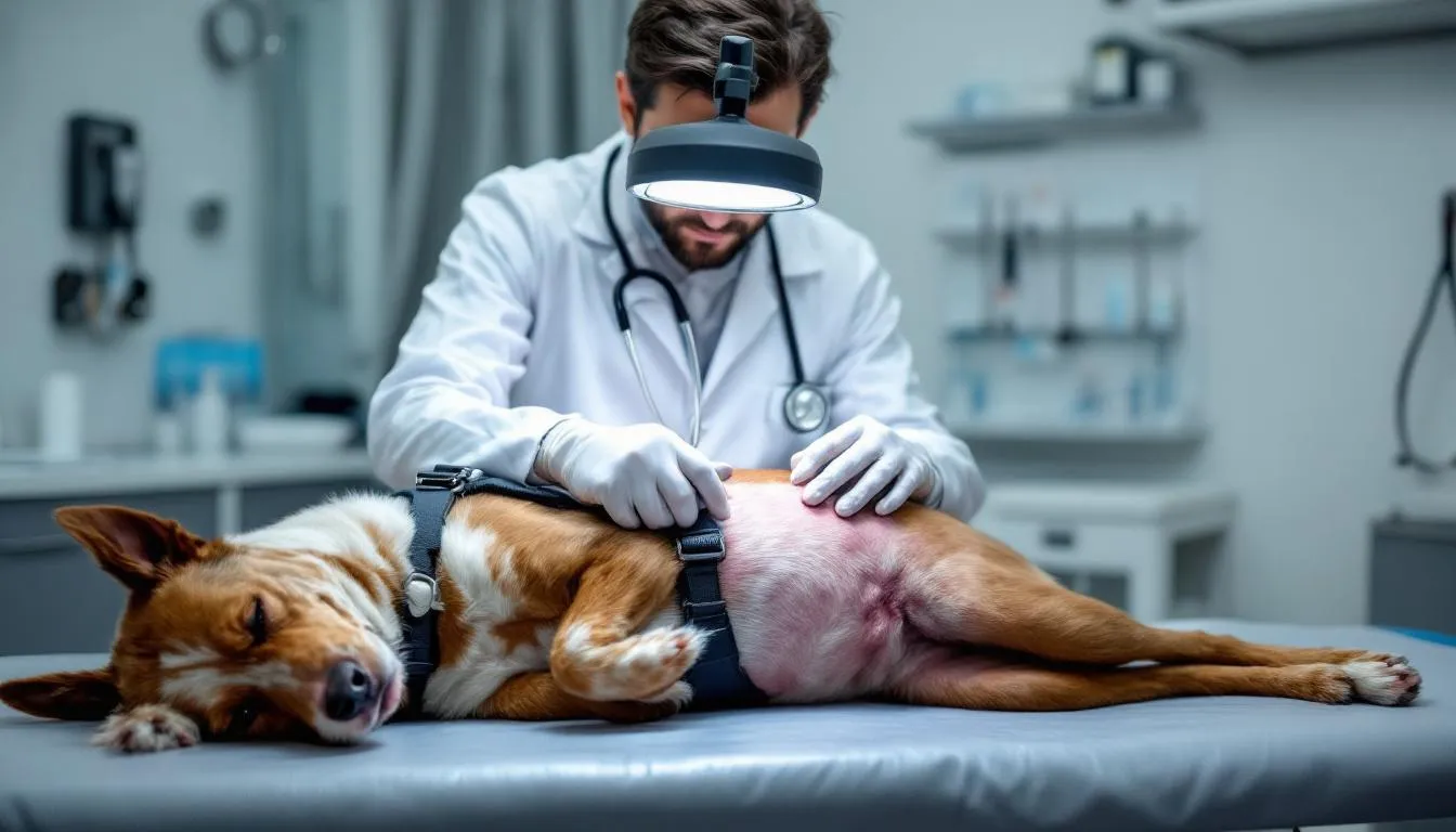 A veterinarian is examining a dog's skin for signs of hair loss, including bald patches and thinning hair, while checking for potential skin infections or underlying medical conditions. The dog appears calm as the vet assesses its coat and skin health.