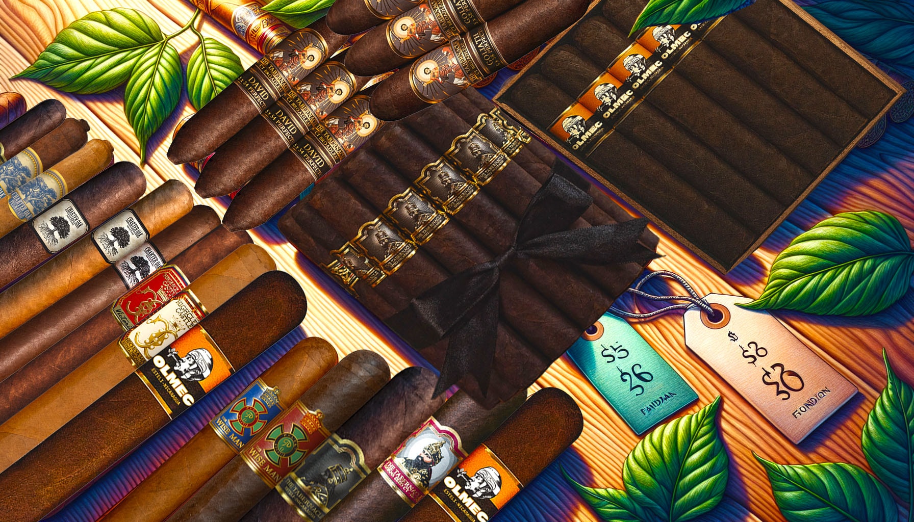 An illustration depicting various foundation cigars with price tags.