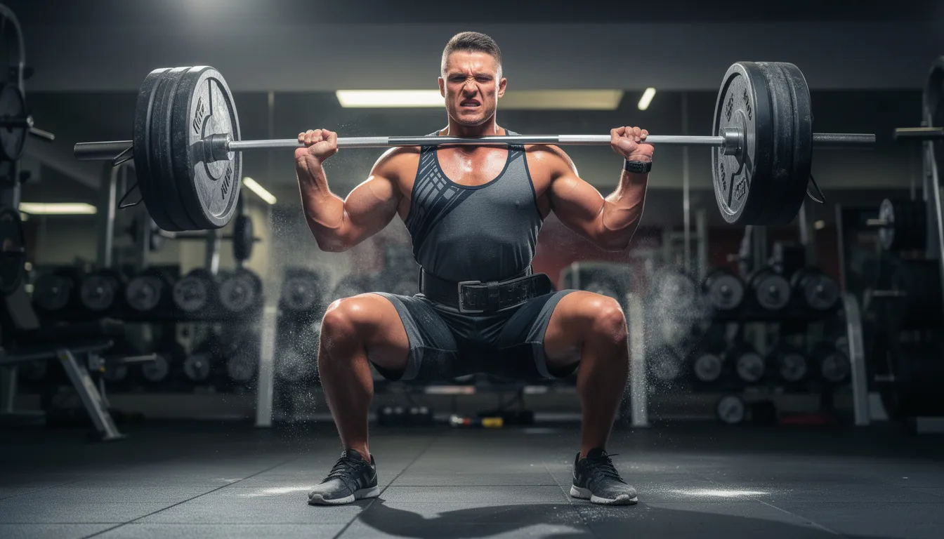 A person is seen performing heavy barbell squats in a gym, displaying a focused expression as they engage in resistance training to enhance muscle growth and strength. This intense workout is often complemented by creatine supplementation to support muscle recovery and improve athletic performance.