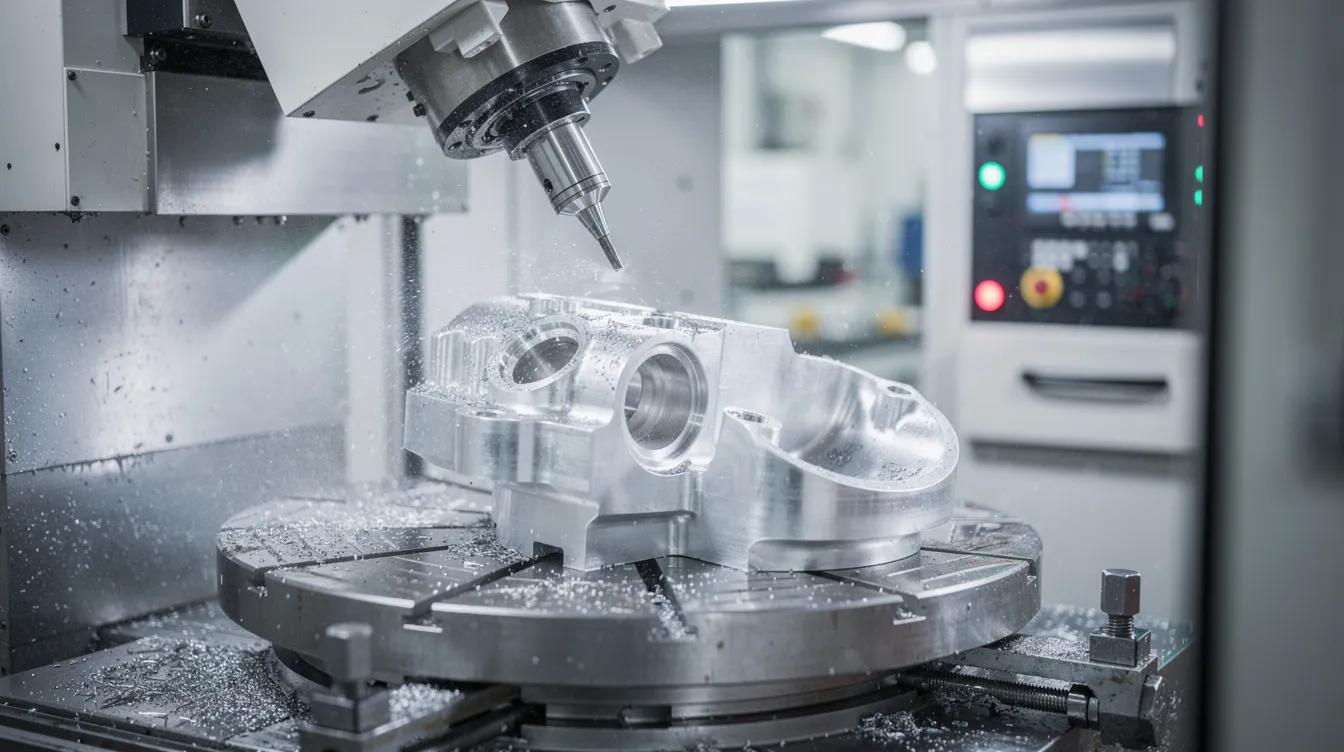 The image depicts a five-axis CNC machining center actively engaged in the precision machining of a complex metal component, showcasing the advanced equipment used in the manufacturing industry. The CNC machine utilizes programmed instructions to execute intricate machining operations, ensuring tight tolerances and high dimensional accuracy in the machined parts.