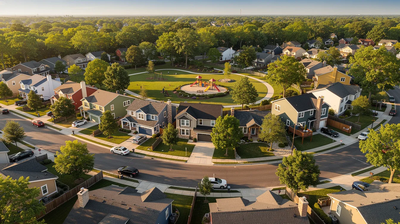 An aerial view captures a suburban neighborhood featuring a variety of housing styles nestled among tree-lined streets, ideal for real estate investors looking for potential flip opportunities. The diverse properties suggest a vibrant real estate market, showcasing various investment properties that could yield significant resale value.