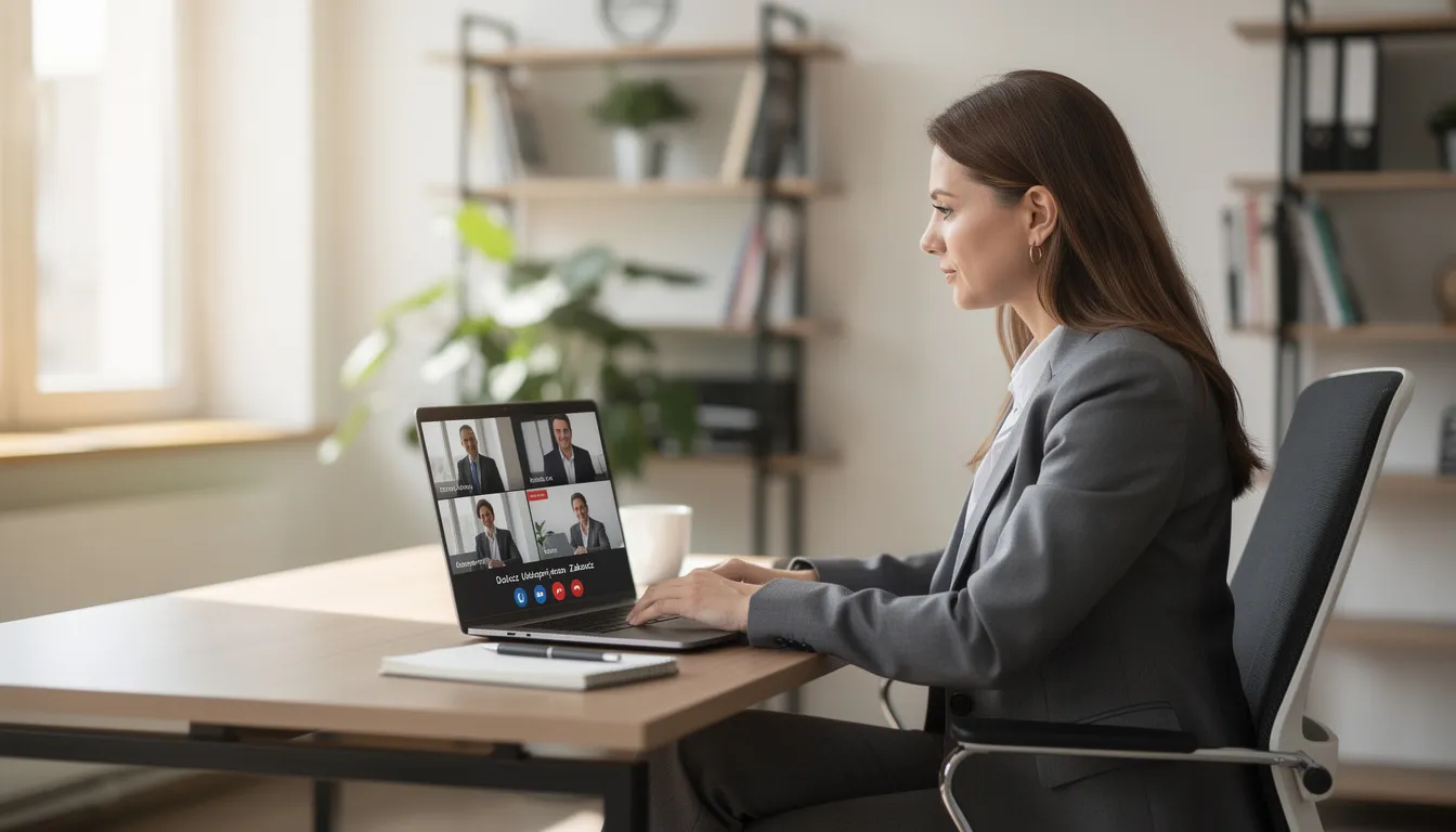 Na zdjęciu widoczna jest osoba siedząca przy laptopie, prowadząca rozmowę biznesową online, prawdopodobnie w kontekście agencji nieruchomości. Osoba ta może oferować profesjonalne usługi w zakresie sprzedaży i wynajmu nieruchomości, co sugeruje jej zaangażowanie w rynek nieruchomości Warszawy, szczególnie w dzielnicy Bielany.