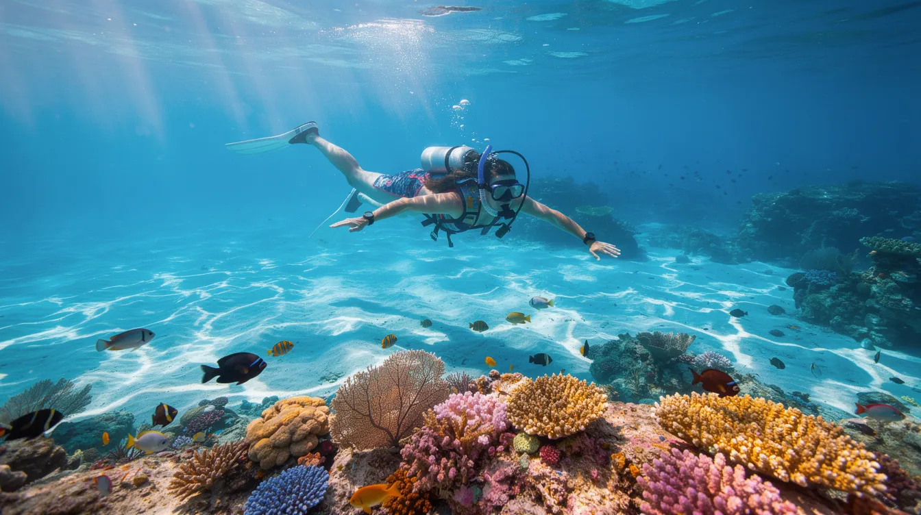 Een persoon snorkelt in helder blauw water boven een kleurrijk koraalrif, omringd door verschillende tropische vissen. Deze prachtige onderwaterwereld is een voorbeeld van de natuurlijke schoonheid van Curaçao.