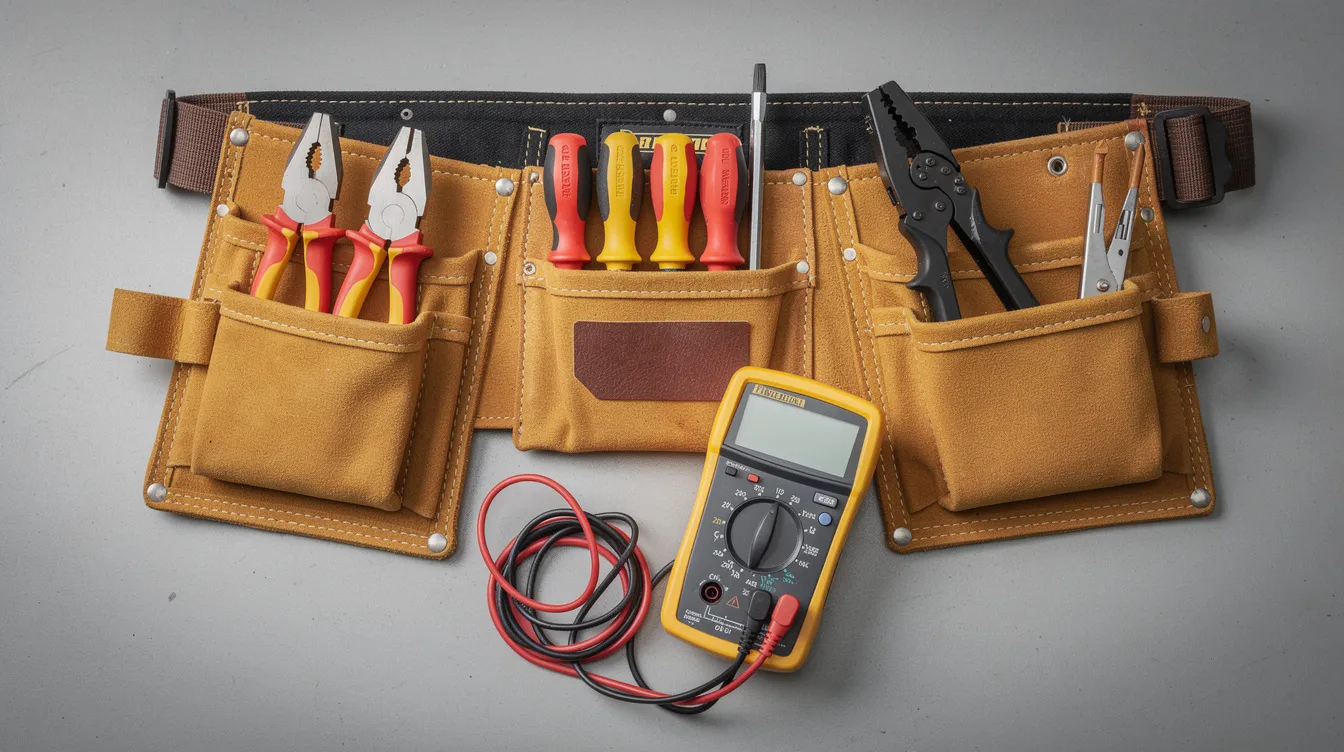 A professional electrician's tool belt is filled with essential tools including pliers, screwdrivers, wire strippers, and a multimeter, all designed for repairing electrical wiring and maintaining electrical systems. This setup exemplifies the equipment used by licensed electricians to ensure safety and efficiency in electrical services.