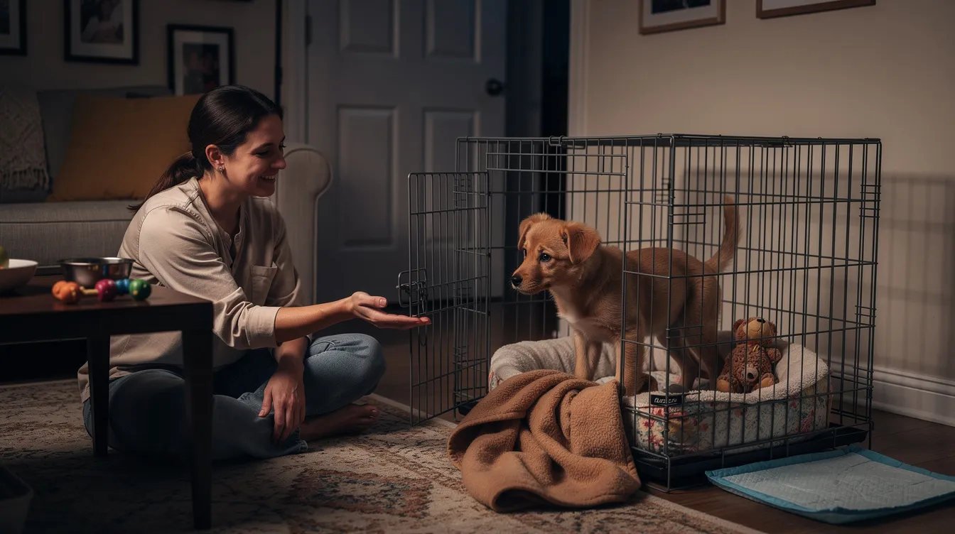 The image depicts a cozy scene of a new puppy settling into its crate for its first night at home, surrounded by soft bedding and a few toys, while a gentle nightlight casts a warm glow. The puppy appears comfortable and relaxed, ready to acclimate to its new surroundings and enjoy a good night's sleep.