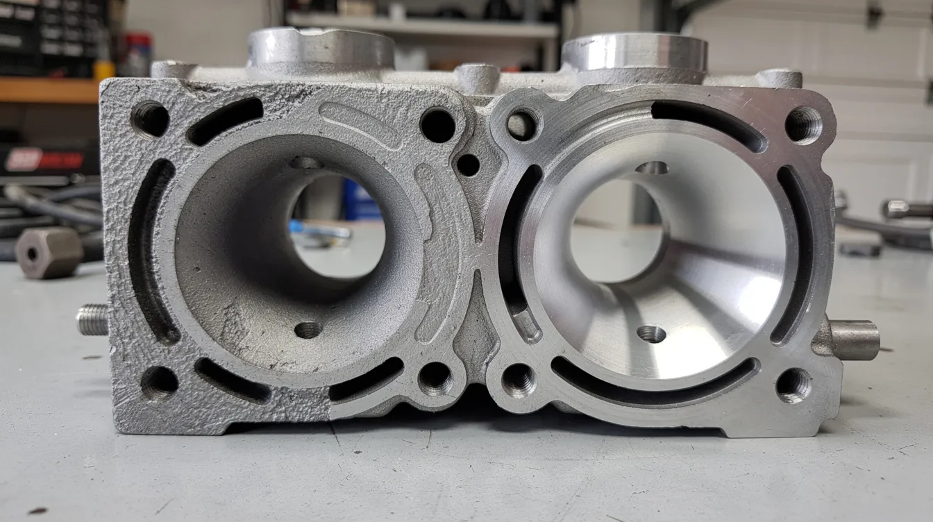 The image shows a close-up comparison of two intake ports on the same aluminum cylinder head: one is rough and as-cast, while the other is smoothly polished and blended, highlighting the effects of porting and polishing techniques using tools like carbide burrs and flap wheels. This visual emphasizes the importance of a polishing kit for enhancing performance in automotive applications.