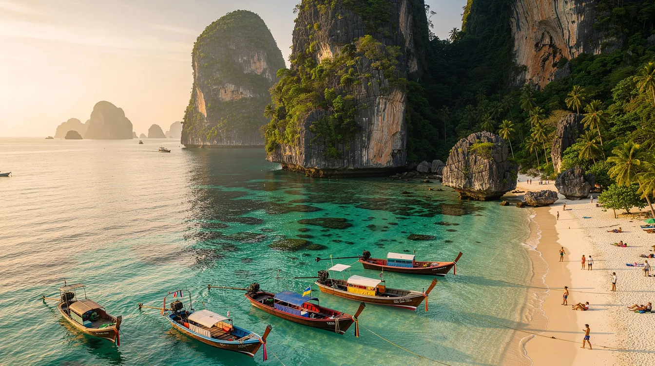 A imagem mostra a deslumbrante ilha de Koh Phi Phi, na Tailândia, com suas águas cristalinas e formações rochosas imponentes. O cenário é emoldurado por vegetação exuberante, criando um ambiente paradisíaco, ideal para viajantes em busca de relaxamento e aventura.
