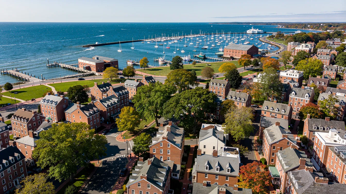 An aerial view showcases the vibrant coastal city of New Haven, Connecticut, featuring a blend of historic brick buildings and tree-lined streets, with a picturesque harbor in the background under a bright blue sky. This sunny day highlights the city's charm, making it an appealing place for young families and residents alike.