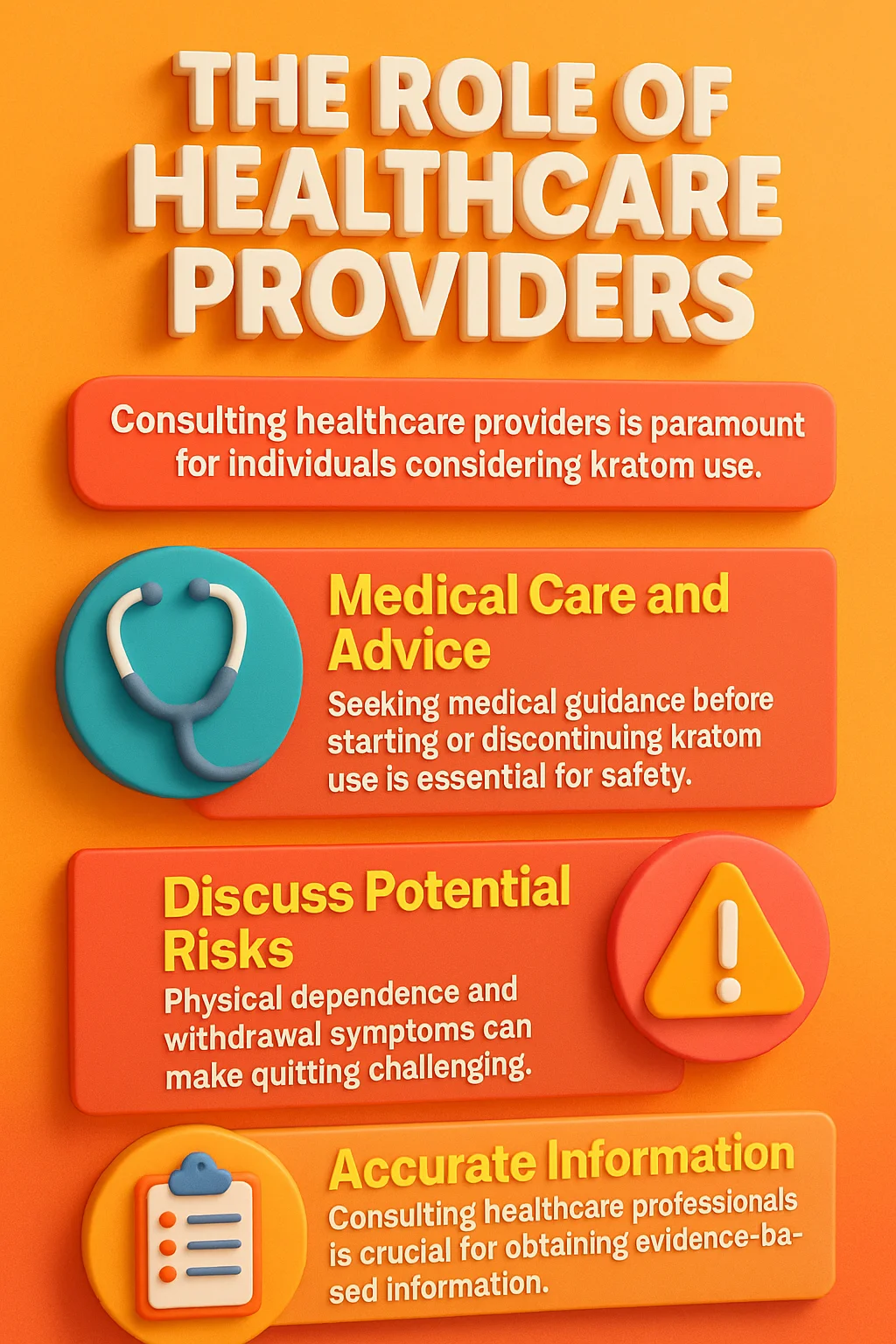 Uplifting Kratom Community Interviews 8 Infographic on the role of healthcare providers in kratom use. Highlights importance of medical care, discussing potential risks, and obtaining accurate evidence-based information. Includes icons of a stethoscope, warning symbol, and clipboard.