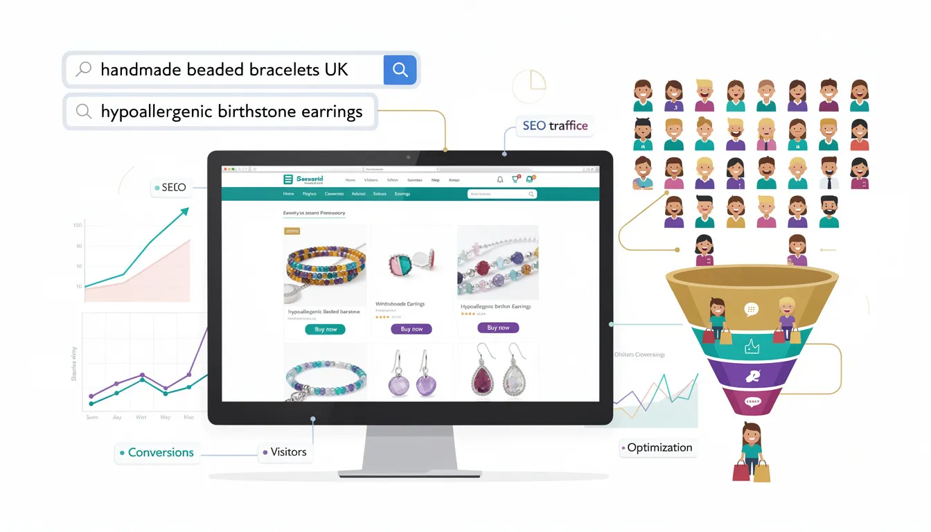 The image illustrates the relationship between search engine optimization and conversion rate optimization, emphasizing how effective strategies can convert website visitors into buyers. It highlights key elements such as user behavior data, landing pages, and calls to action that are essential for increasing conversions and improving the site's conversion rate.