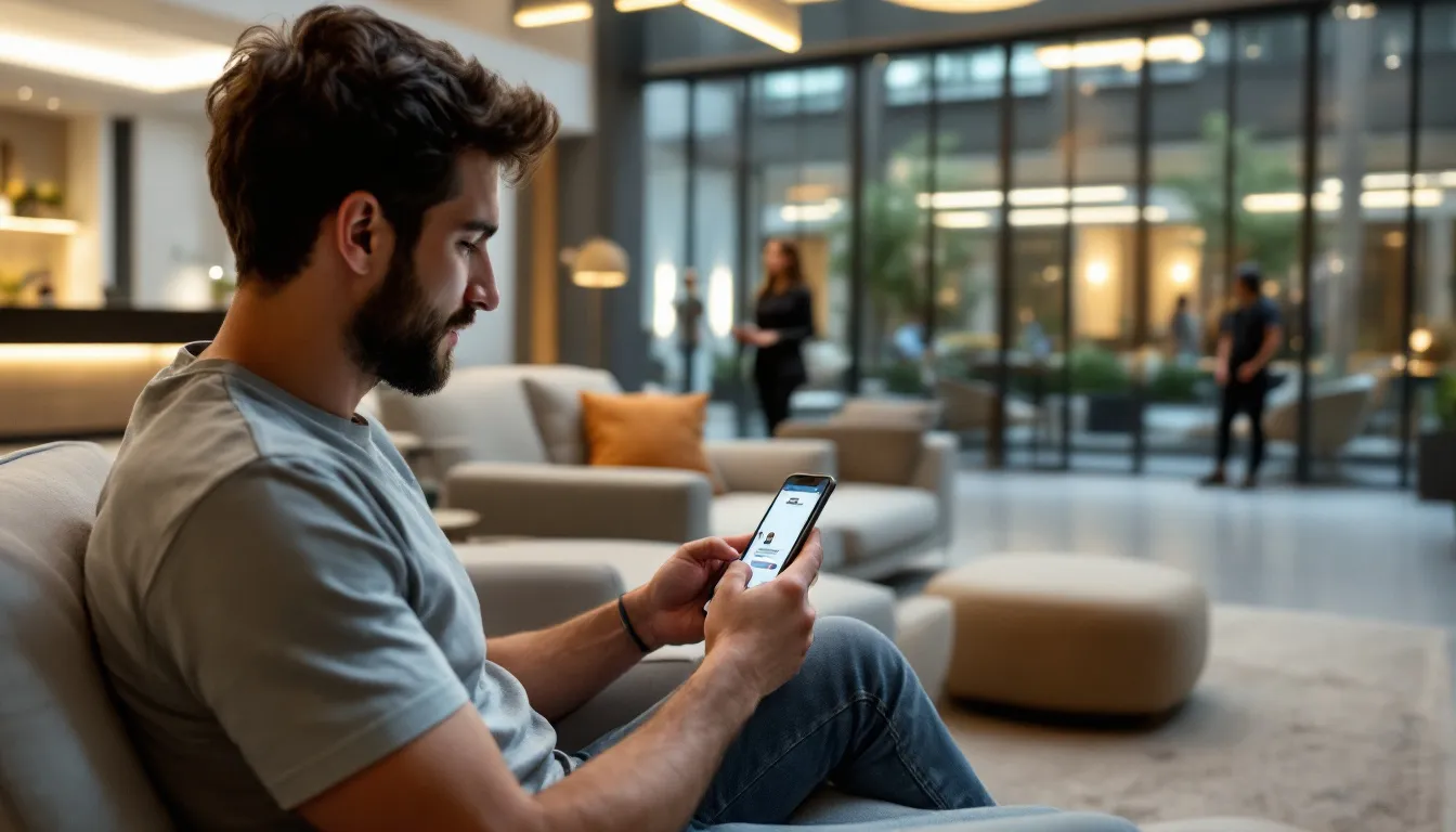 In a modern hotel lobby, a guest is seated and engaging with an AI-powered hotel booking chatbot on their smartphone, seeking assistance with their hotel reservation and exploring personalized recommendations for local attractions. The interaction enhances the guest experience by providing instant responses and simplifying the booking process.
