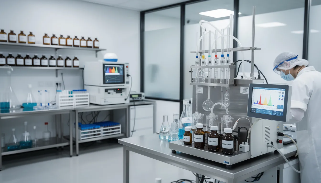 The image depicts a modern laboratory equipped with advanced scientific research equipment, including a peptide synthesis apparatus used for producing high-quality peptides. Researchers are seen working with various instruments such as mass spectrometry and high-performance liquid chromatography to analyze and develop custom peptides for medical and cosmetic applications.