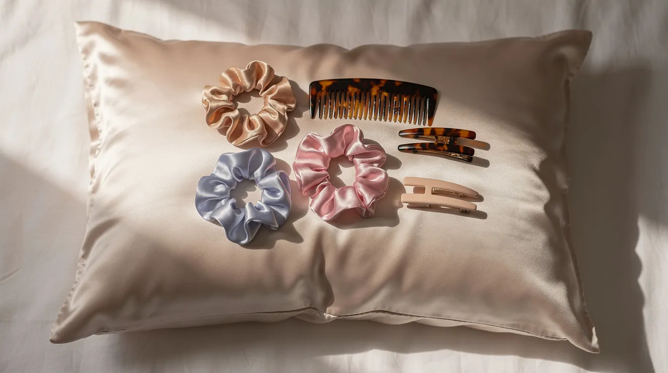 The image features a luxurious silk pillowcase accompanied by various hair accessories, including colorful scrunchies and a wide-tooth comb, ideal for managing different hair types. These items can enhance hair health, especially when paired with the best hair oils for deep conditioning treatments and frizz control.