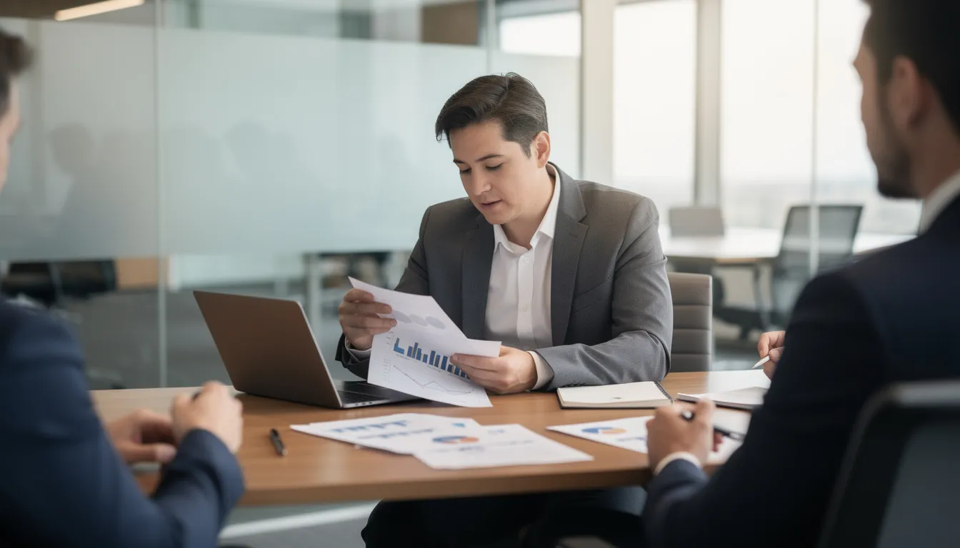 The image depicts a person sitting at a conference table, reviewing documents during a professional office meeting. Various papers related to insurance policies, including details about liability coverage and uninsured motorist options, are spread out in front of them, suggesting a discussion about car insurance and accident claims.