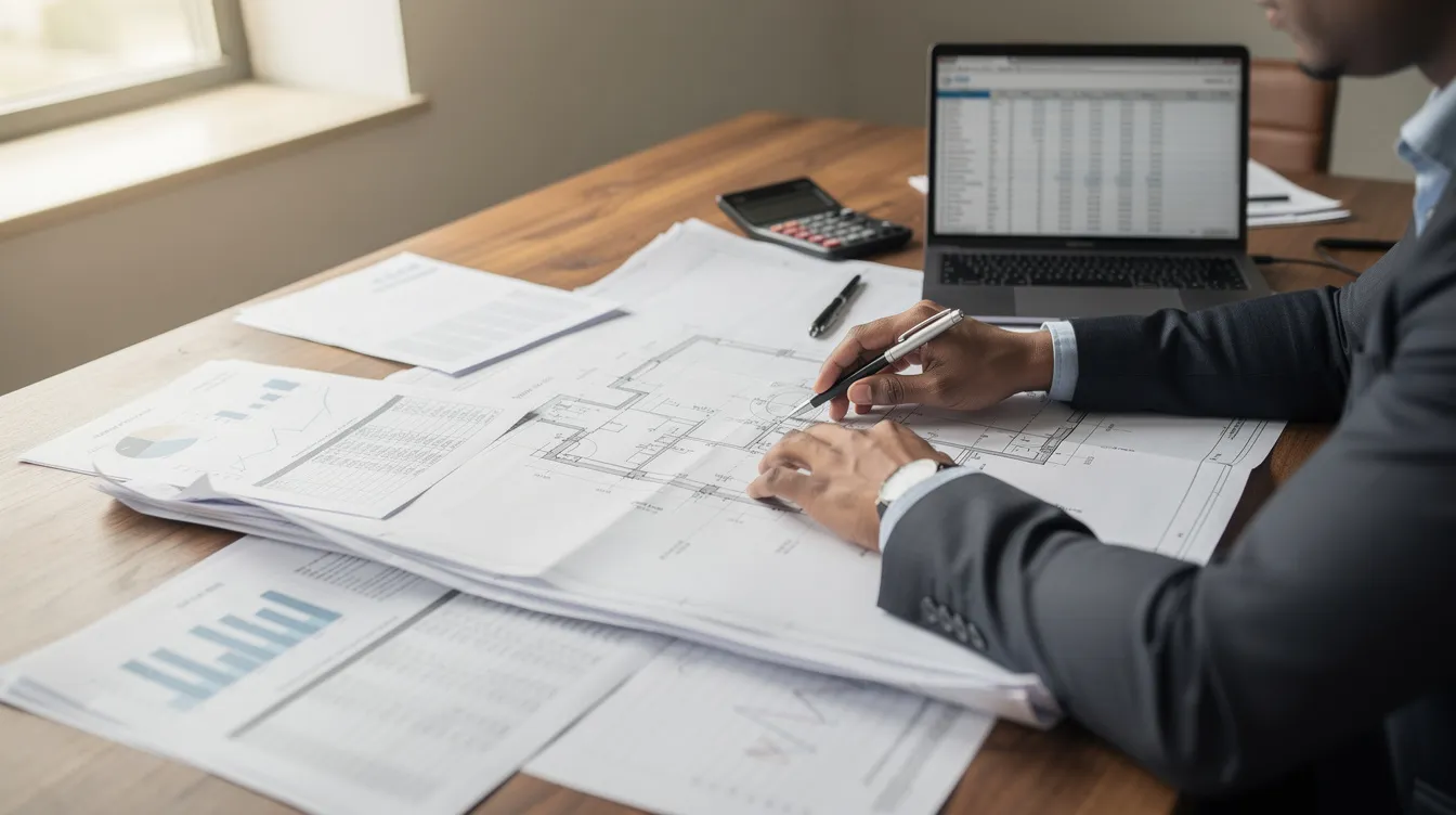 The image shows a person intently reviewing blueprints and various financial documents on a wooden desk, which likely relate to real estate investments. The documents may include details on hard money loan terms, interest rates, and loan approval processes, essential for real estate investors considering fix and flip projects.