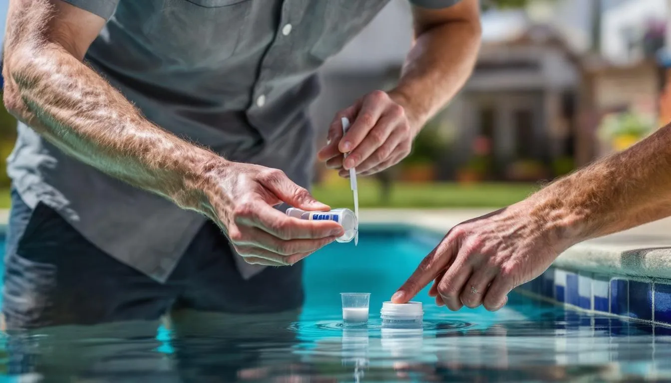 A pool owner is using a professional testing kit to analyze the water chemistry of their swimming pool, ensuring the alkalinity levels are within the ideal range for maintaining clear and balanced pool water. The kit includes various tools to measure pH levels and total alkalinity, crucial for preventing cloudy swimming pool water.