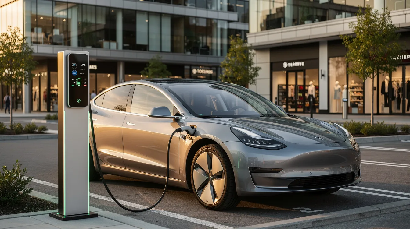 1e794d76 6733 4156 b2d2 ad5fbf082a5d An electric vehicle is connected to a sleek, modern charging station located at a commercial site, highlighting the growing trend of electric vehicle ownership in the automotive industry. This scene reflects a profitable business idea that caters to vehicle owners and supports the transition to sustainable transportation.