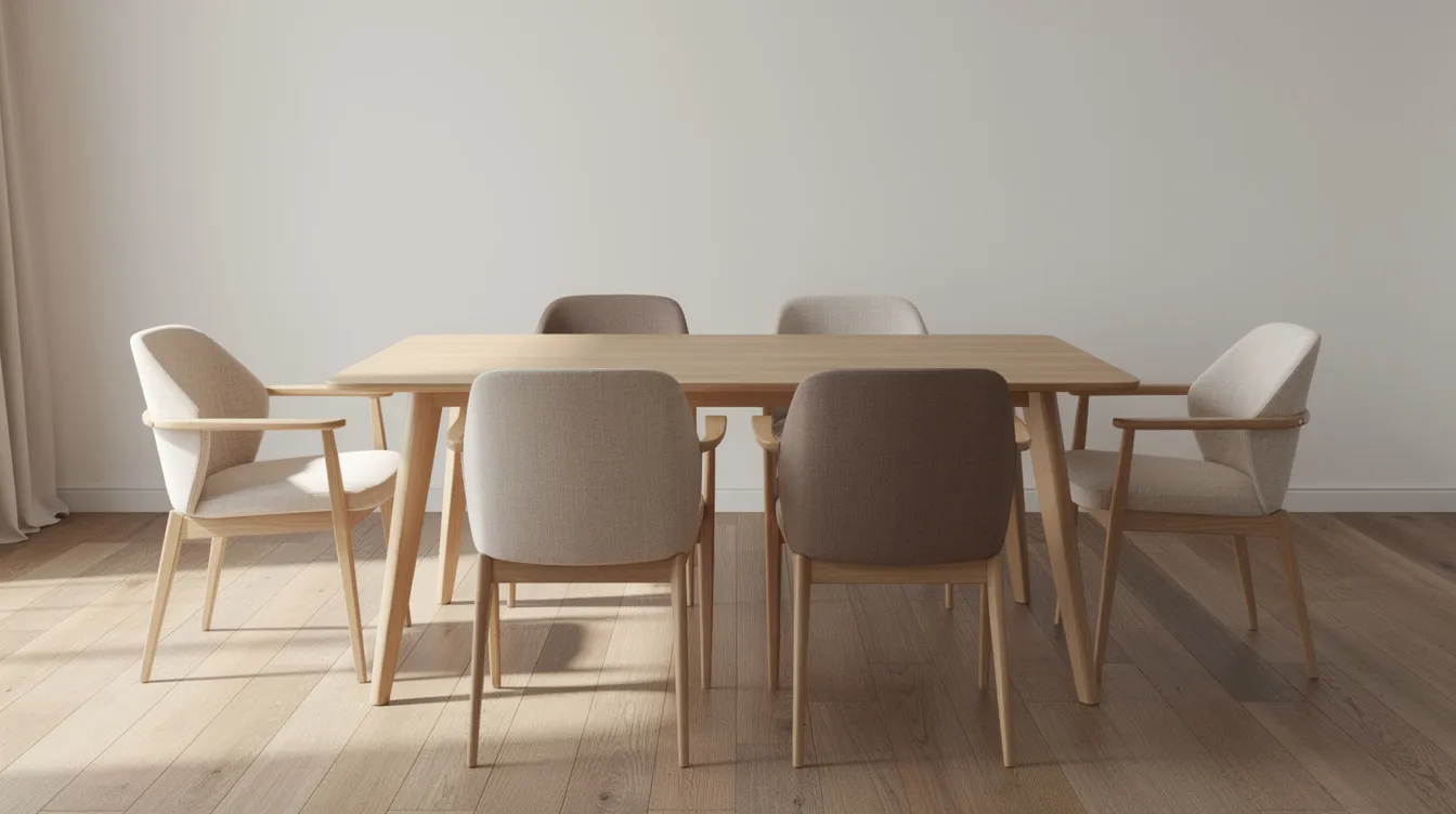 Een eettafel met een mix van landelijke stoelen, waaronder twee armstoelen aan de kopse kanten en vier zonder armleuningen aan de lange zijden, in warme, natuurlijke tinten. Deze combinatie van verschillende stoelen creëert een uitnodigende eetruimte die perfect is voor gezellige diners.