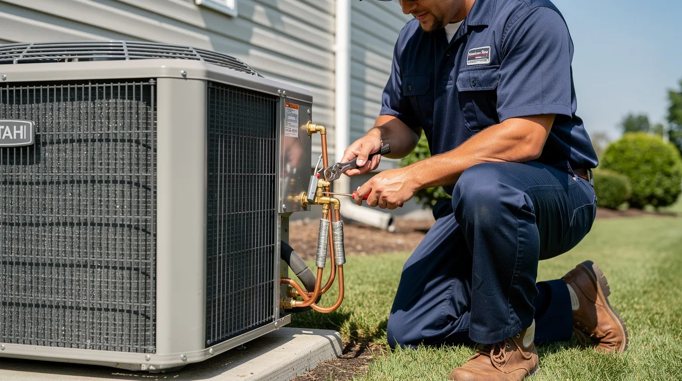 Technician installing matched Trane system components, ensuring correct refrigerant charge, airflow, and safety testing for optimal performance.
