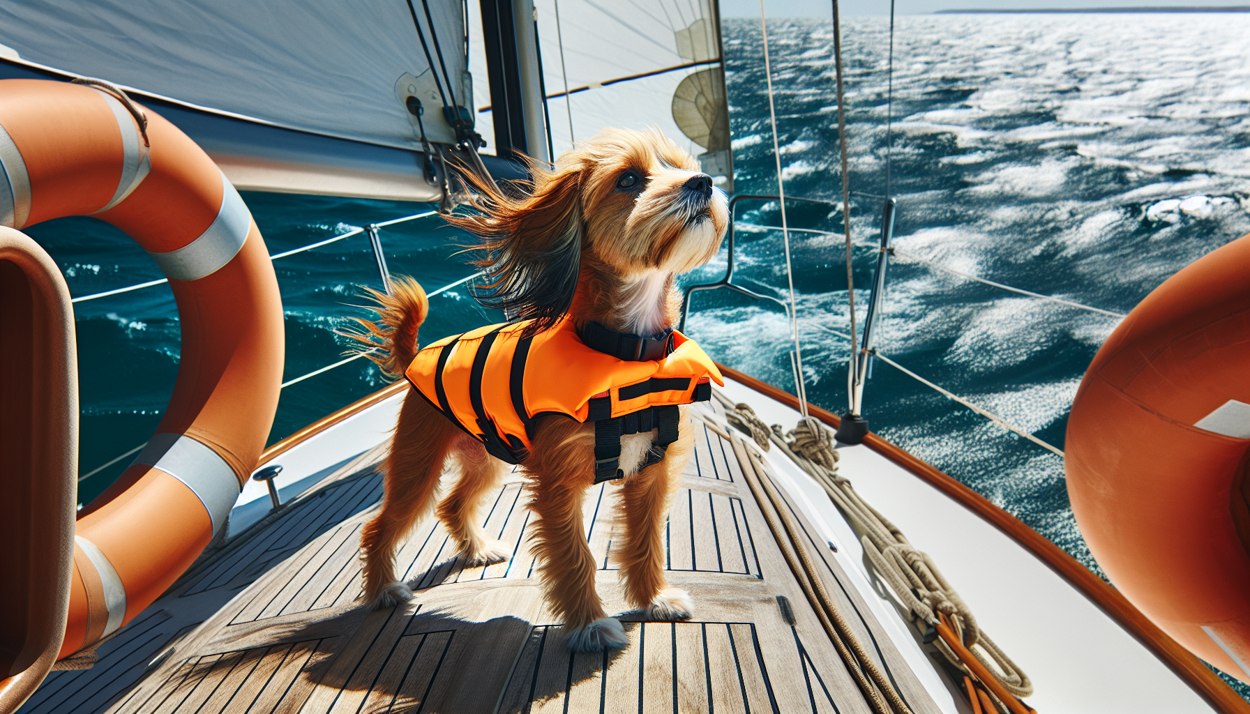 Hund mit Schwimmweste an Deck einer Segelyacht