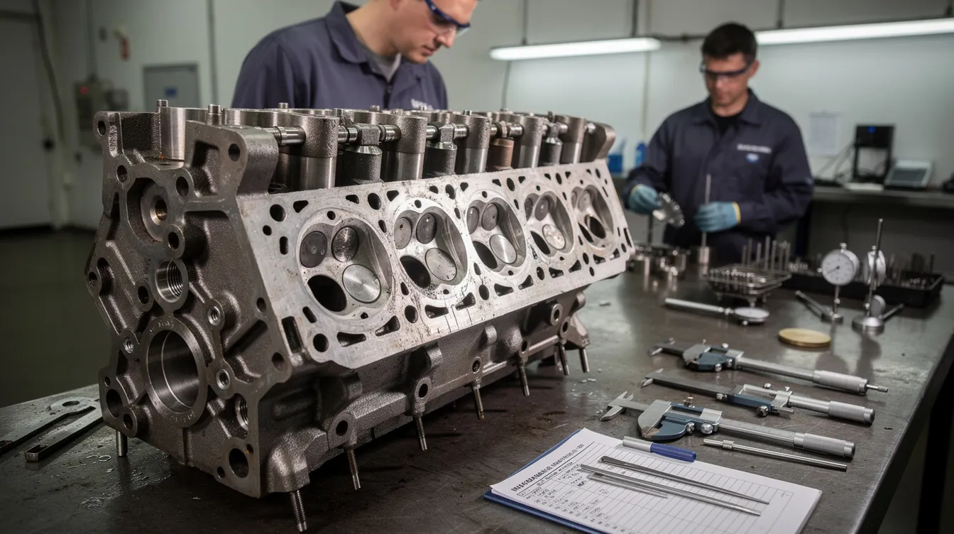 A heavy-duty diesel cylinder head is shown being prepared for inspection in a workshop, highlighting its robust design and intricate features essential for engine performance. The image emphasizes the quality and condition of the cylinder head, which is crucial for maintaining the efficiency of Volvo engines.
