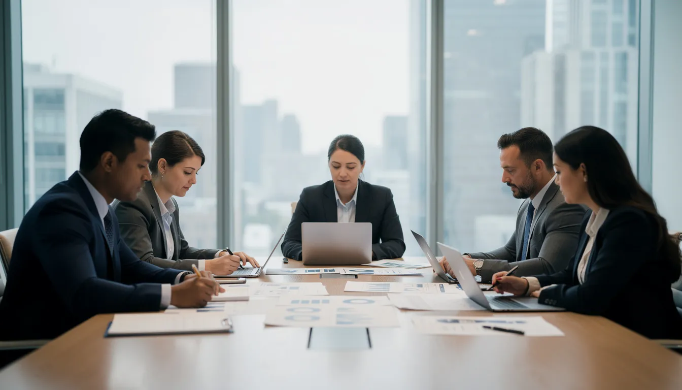 A group of business professionals is gathered around a meeting table, actively reviewing documents and discussing strategies. The atmosphere is focused and collaborative, reflecting a typical corporate meeting environment.