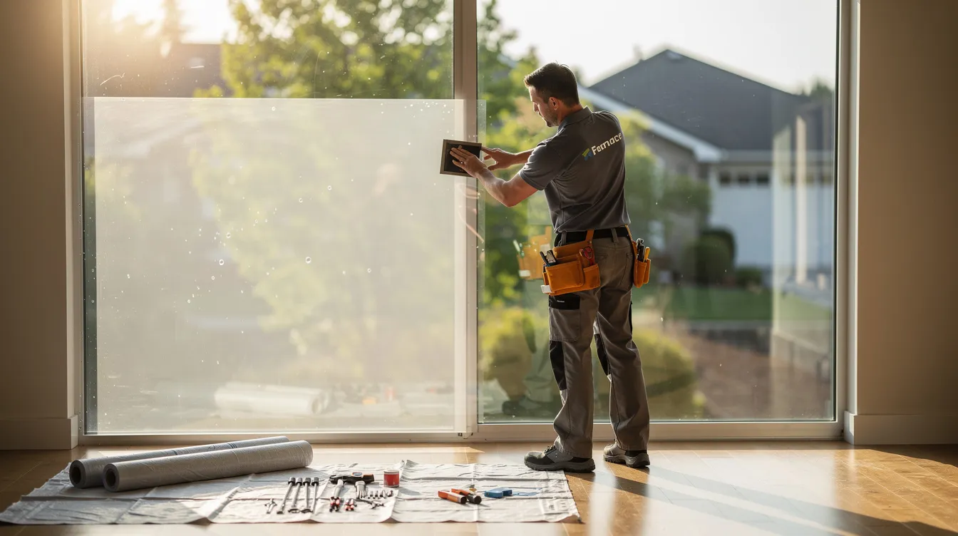 A franchise technician is meticulously applying tinted window film to a large residential window, with bright sunlight illuminating the scene. This service is part of the home improvement industry, showcasing the quality and customer satisfaction that home improvement franchises provide to homeowners and residential clients.