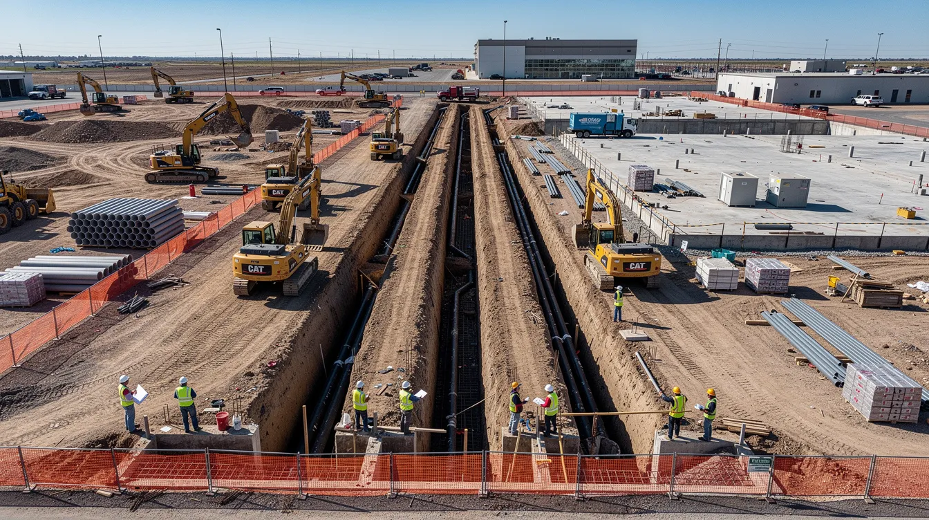 An aerial view captures a large commercial construction site in the Carolinas, showcasing multiple open trenches, heavy equipment, and workers in safety gear engaged in skilled trades. This bustling job site highlights the importance of workforce development and training for the future workforce in the construction industry.