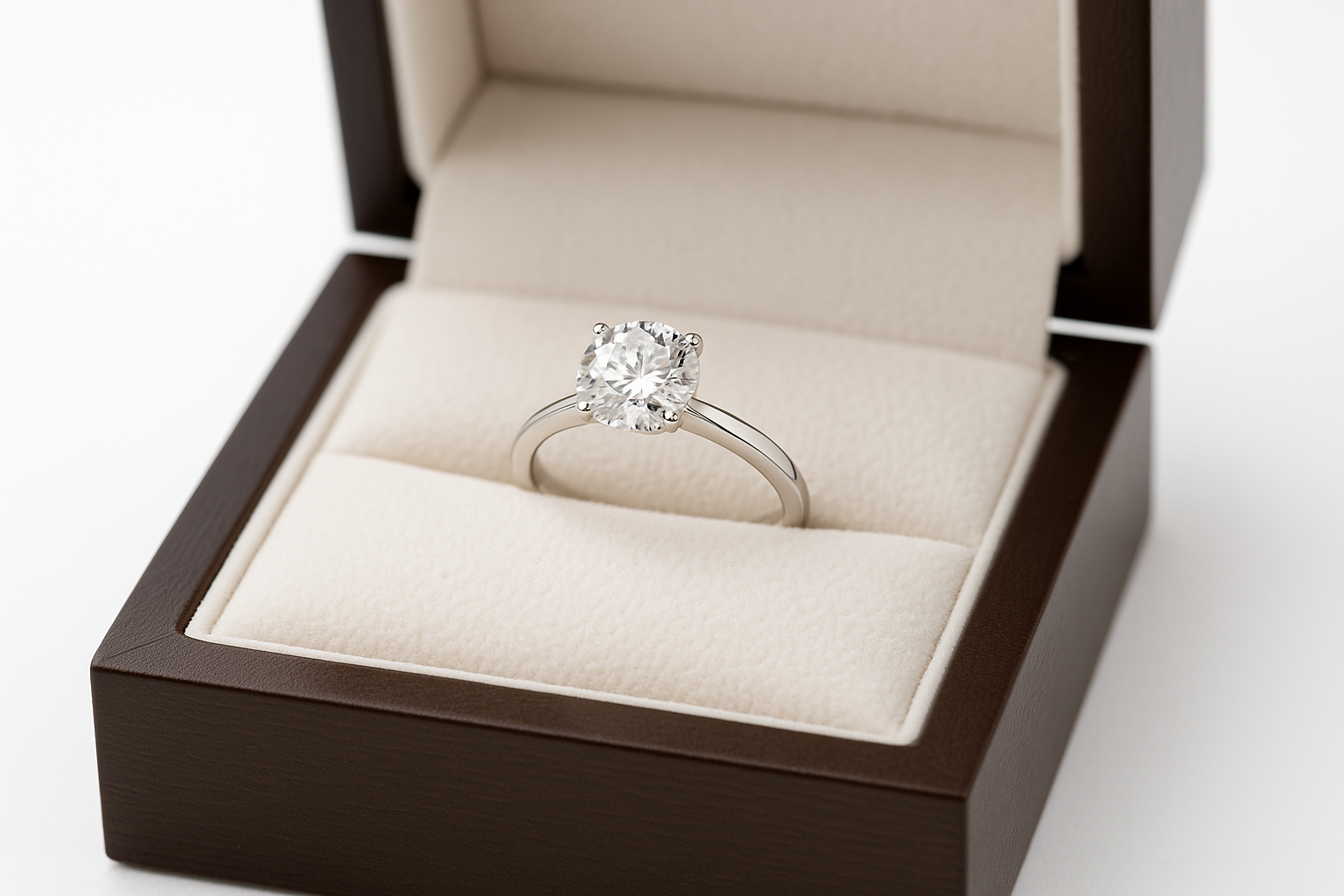 Klasikinis balto aukso sužadėtuvių žiedas su apvaliu briliantu atviroje papuošalų dėžutėje, šviesiame fone.