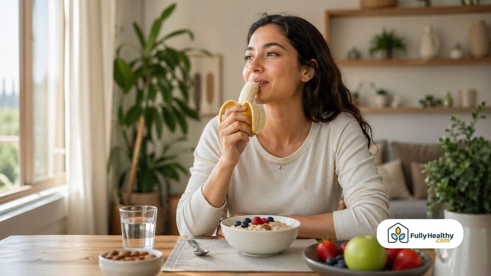 Woman eating banana with oatmeal and fruits in bright kitchen setting