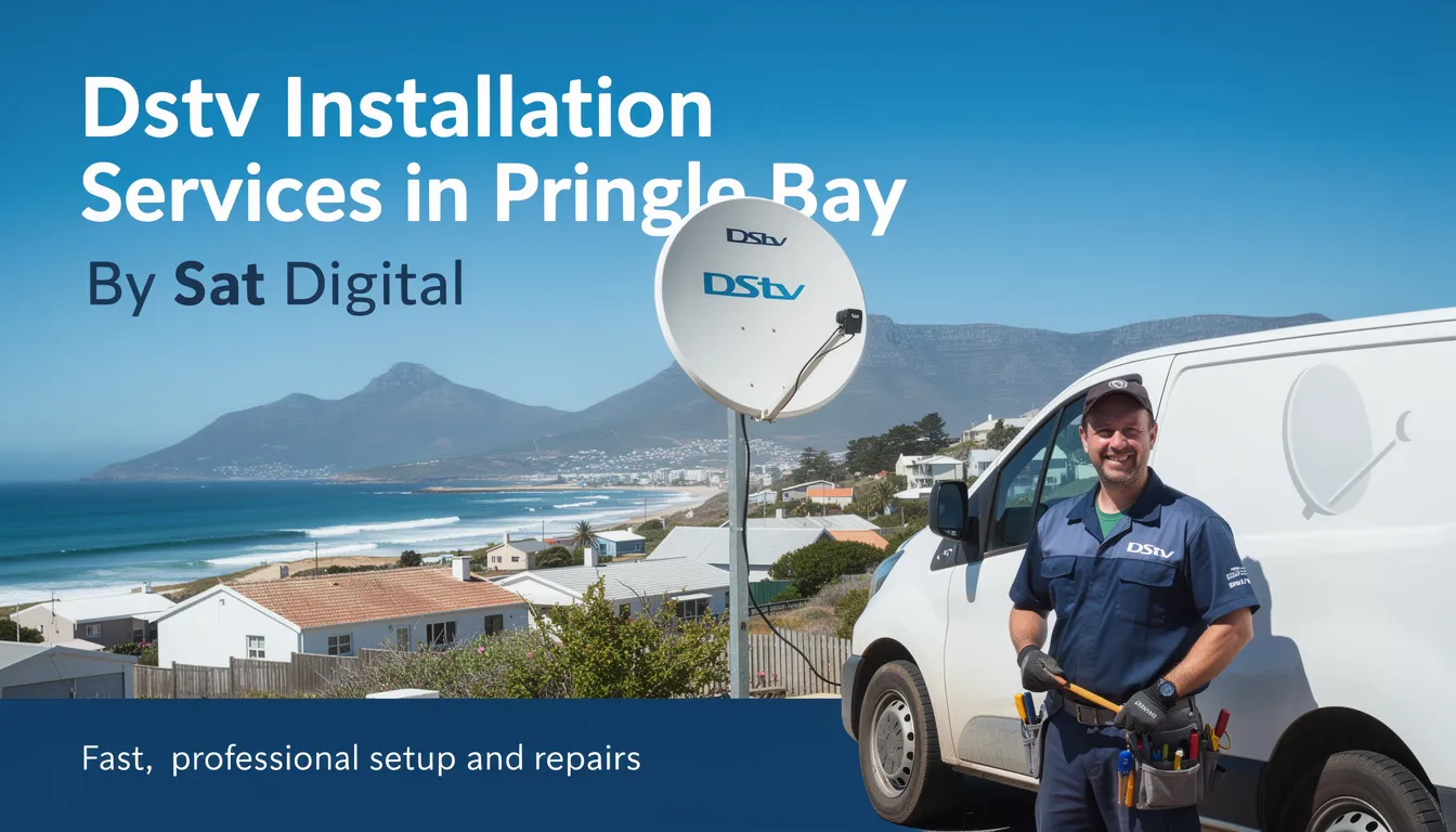 The image showcases a professional DStv installation service in Pringle Bay, featuring skilled technicians setting up a satellite dish and decoder for optimal performance. This scene highlights the high-quality workmanship and customer satisfaction that Sat Digital provides through their comprehensive range of DStv installation services.