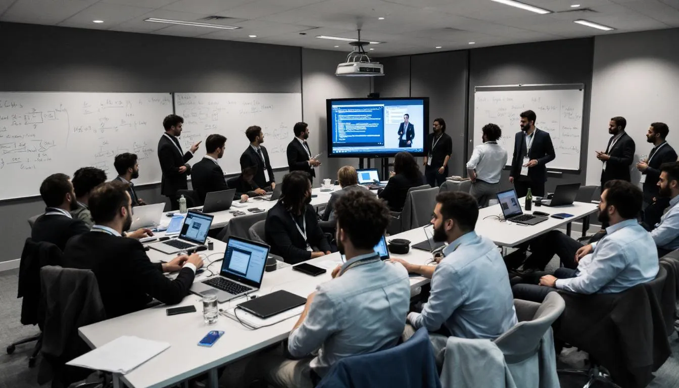 A group of cybersecurity professionals is actively participating in hands-on workshops and networking sessions at a bustling trade show in the Las Vegas Convention Center. The atmosphere is filled with industry leaders and tech enthusiasts as they engage in educational sessions and hands-on demonstrations, showcasing the latest trends in cybersecurity.