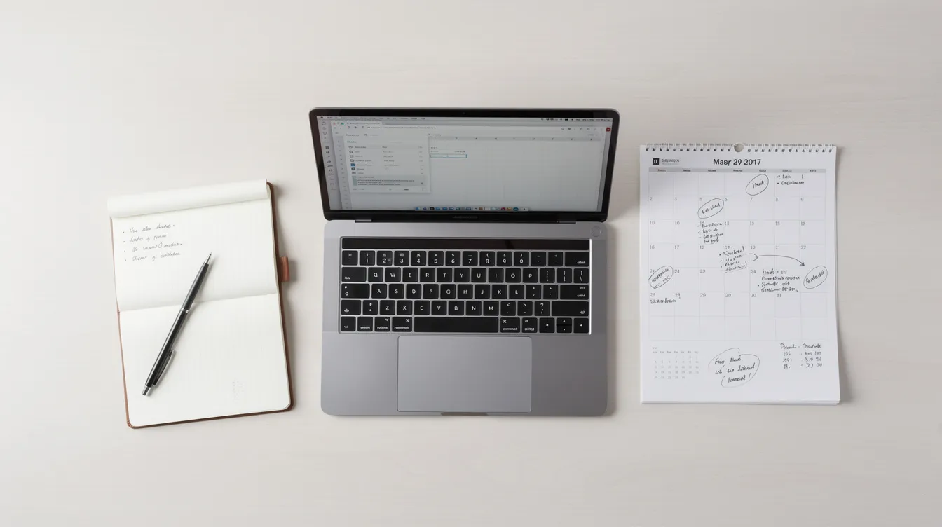 The image shows a laptop, a notebook, and a calendar arranged neatly on a clean desk, symbolizing business planning for veteran entrepreneurs. This setup reflects the resources and tools essential for veteran-owned small businesses to develop their business ideas and plans.
