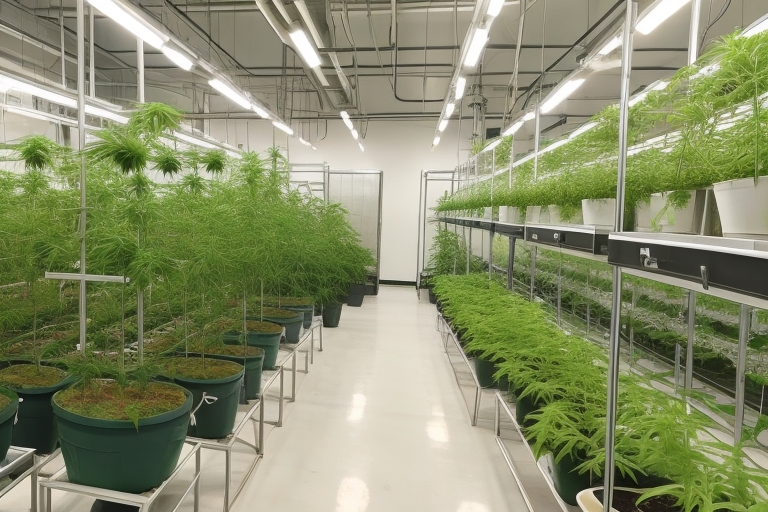 Image of a grow room with hydroponic plants and cannabis cultivation
