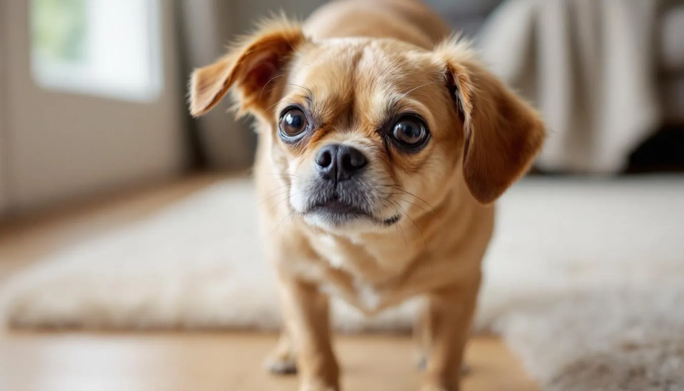 A small dog is shown in a typical head and neck position during a coughing episode, indicating potential respiratory distress associated with tracheal collapse. This posture is often seen in dogs with collapsing trachea, as they struggle to breathe and may exhibit symptoms like chronic coughing and labored breathing.