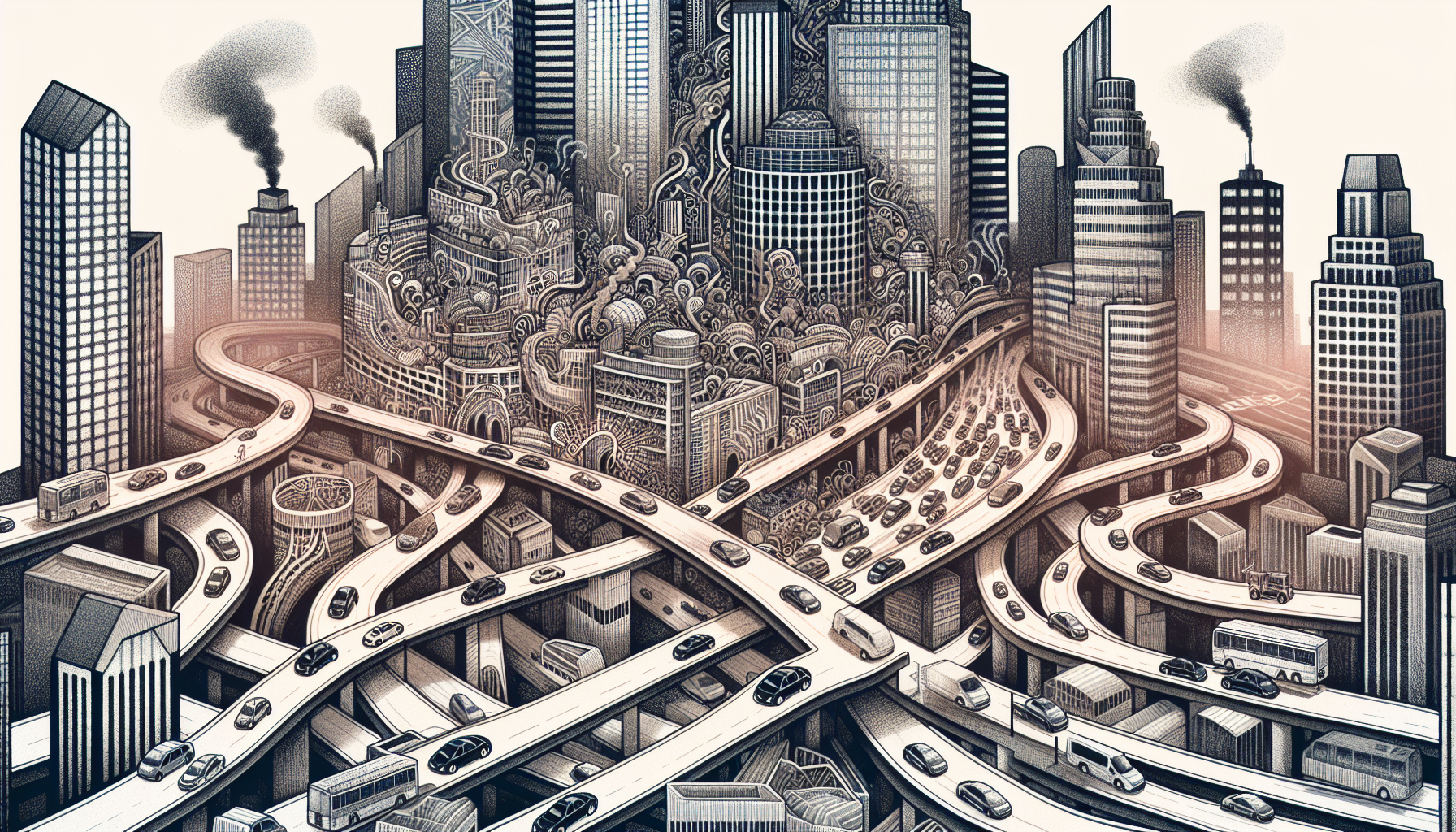 Illustration of a cityscape with urban driving challenges