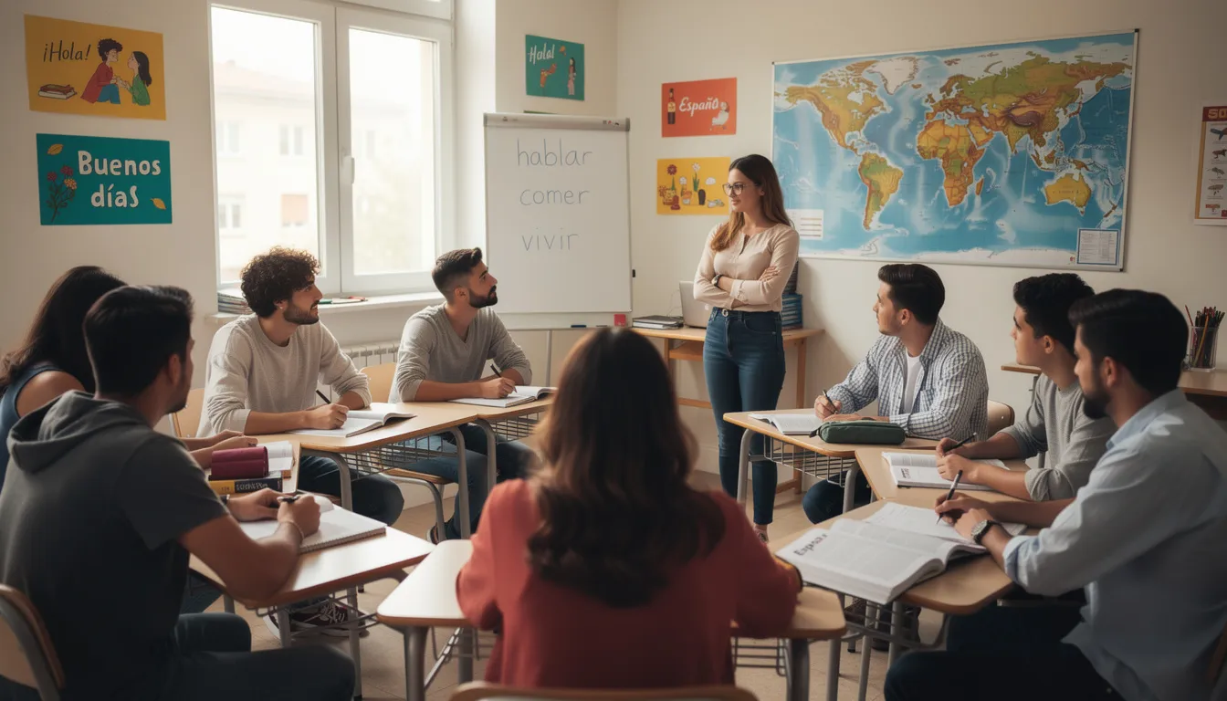 Na obrazku widoczna jest grupa studentów siedzących w małej sali podczas lekcji języka hiszpańskiego. Nauczyciel omawia zagadnienie akcentowanych zaimków dzierżawczych, a uczniowie aktywnie uczestniczą w ćwiczeniach, które pomagają im zrozumieć zastosowanie hiszpańskiej gramatyki.